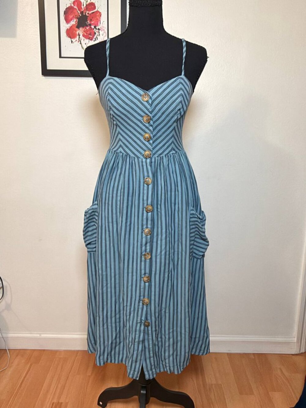 Cottagecore Blue Striped Button Front Midi Dress Sz S
